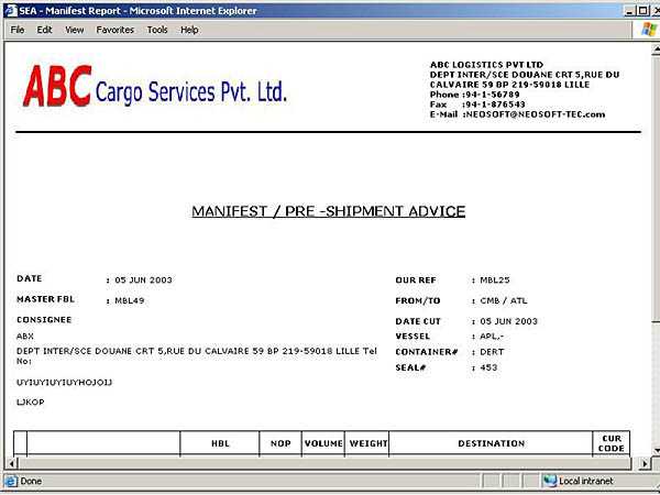 Sea - Manifest / Pre-Shipment Advice