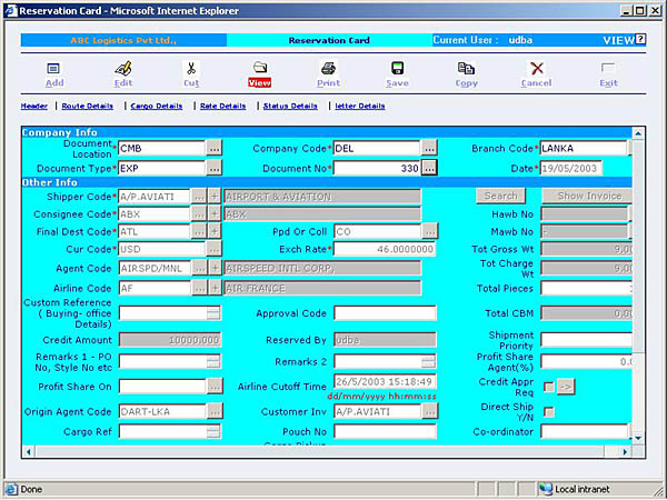 Air - Reservation Card (Cargo Booking) Maintenance