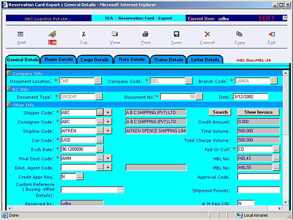 Sea - Reservation Card (Cargo Booking) Maintenance